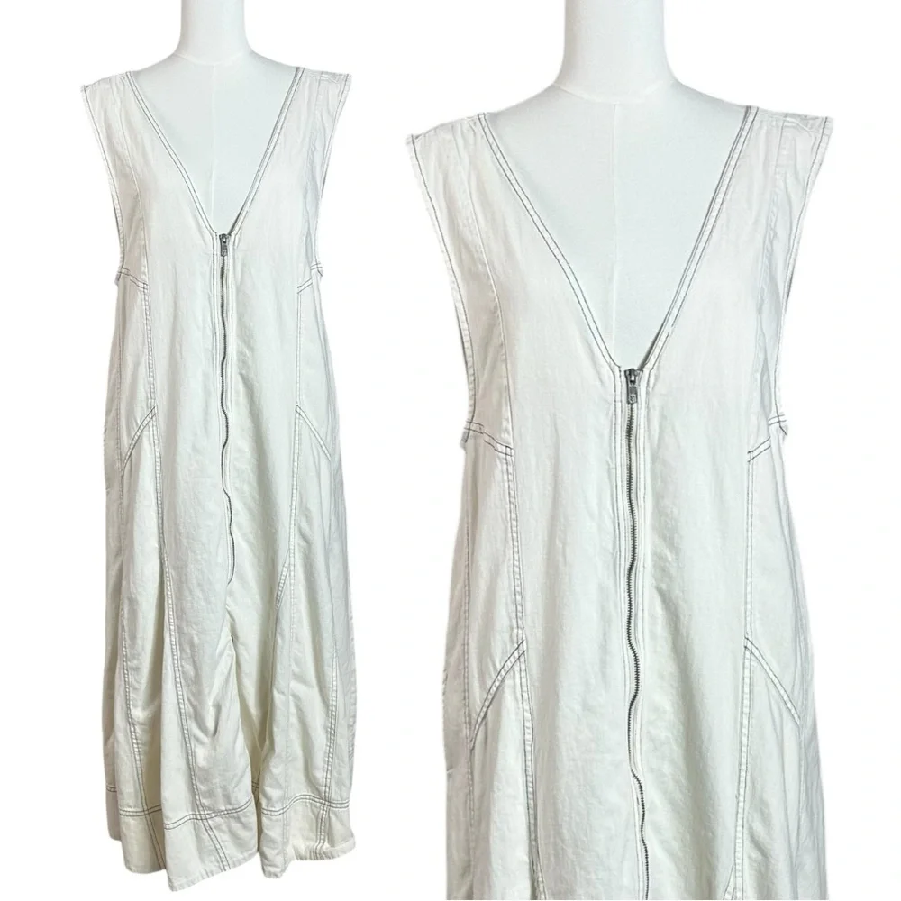 Free People Santino Denim Zip Front Midi Dress in Ecru Size Large Minimalist - Picture 11 of 16
